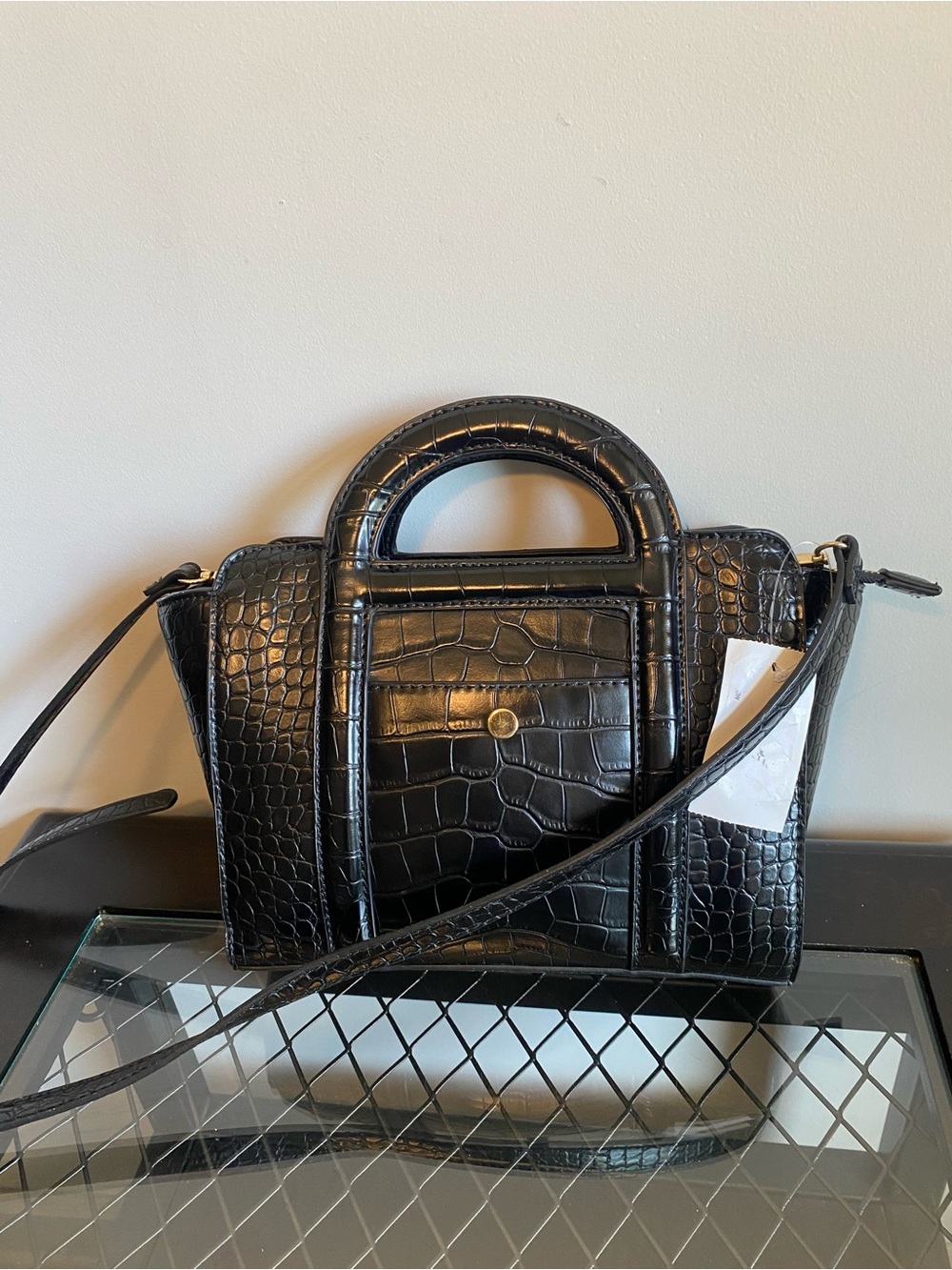Madison West Black Croc-Embossed Top-Handle Satchel with Detachable Strap
